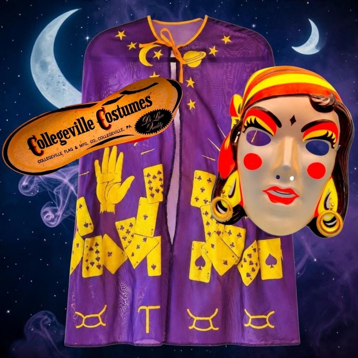 Vintage 1960s Collegeville Fortune Teller Halloween Costume Mask Cape Box USA