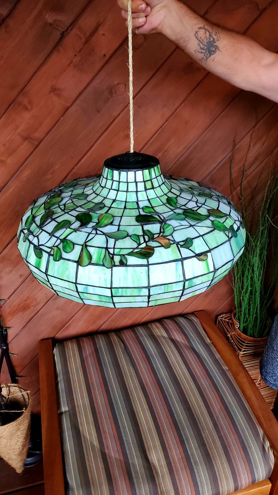 MASSIVE 21” Vintage Arts & Crafts Green Slag Glass Lamp Shade Hanging Lamp 