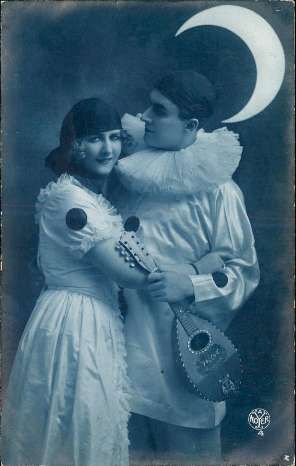 Pierrot Clown couple mandolin T.A. Noyer c1920s-30s Real Photo Vintage Postcard