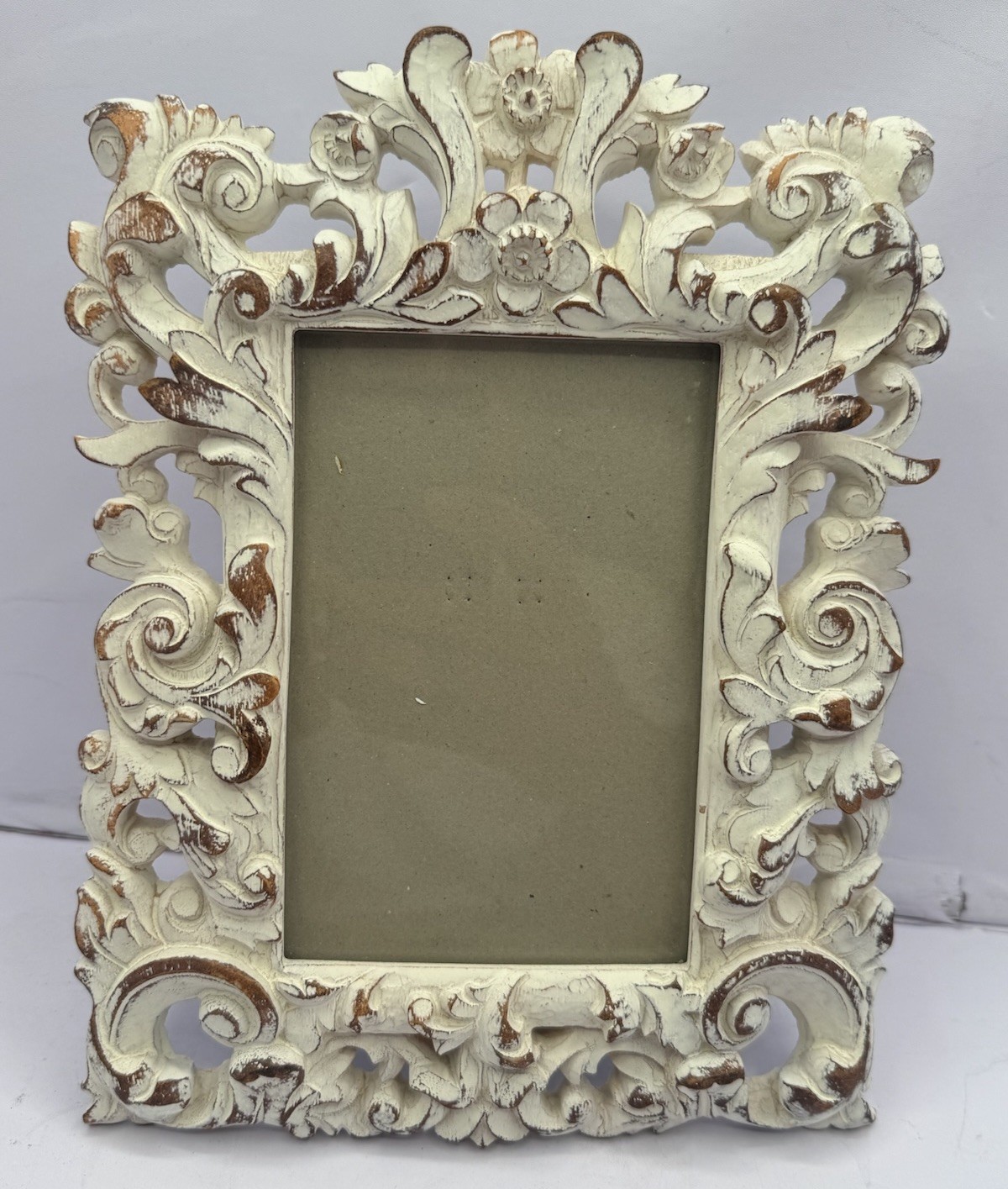 Ornate Baroque Style Photo Frame Distressed Ivory Floral Scroll 4x6 Easel Back