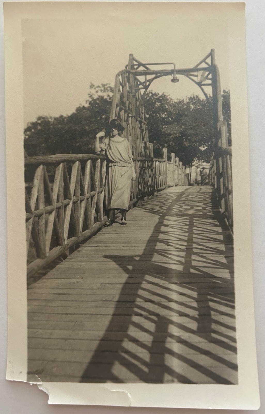 Antique 1910s - 1920s Woman On Wooden Bridge Photo - Original Snapshot Fashion