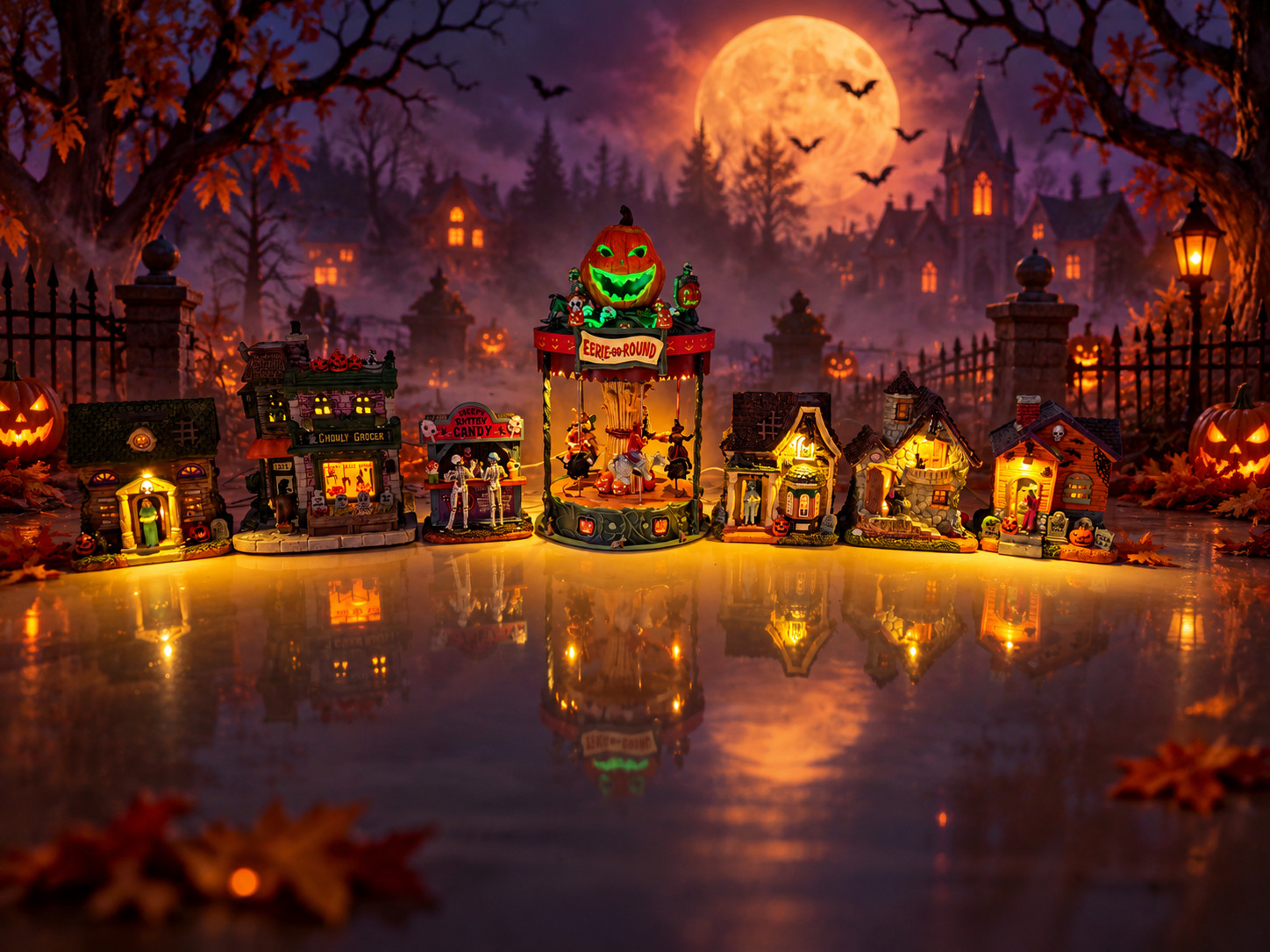 Lemax Spooky Town 7-Piece Halloween Village Lot Eerie-Go-Round Lighted