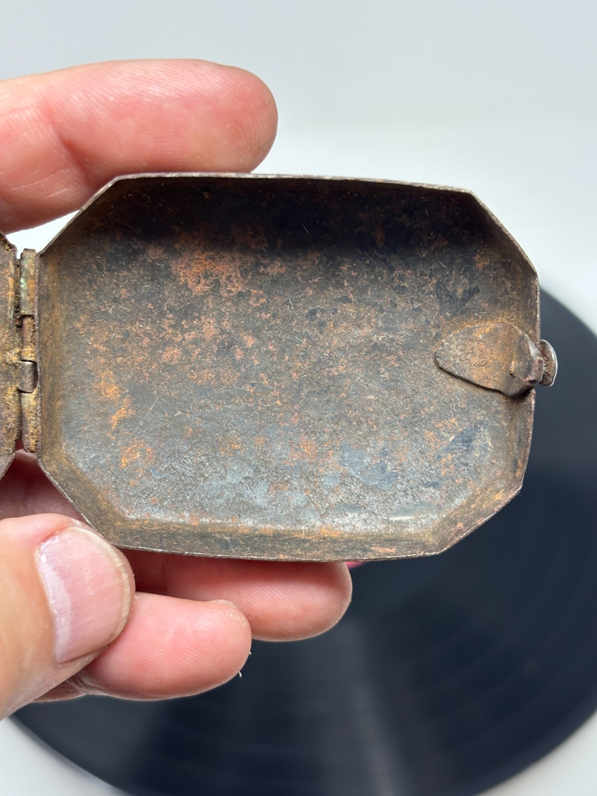 Antique Style Steel Snuff Box Octagonal Hinged Metal Pocket Case Old Patina
