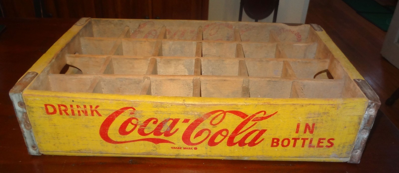 Vintage Wood & Metal Yellow & Red 24 Bottle Coca Cola Crate