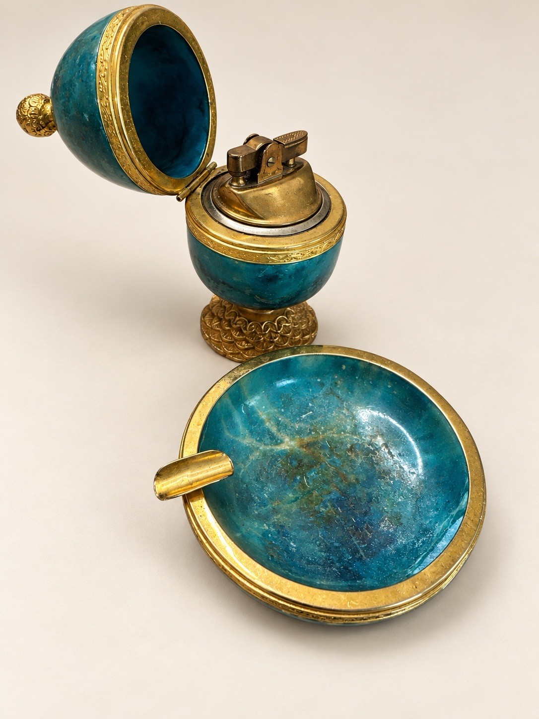 Vintage Evans Turquoise Enamel Egg Table Lighter Ashtray Set Brass MCM