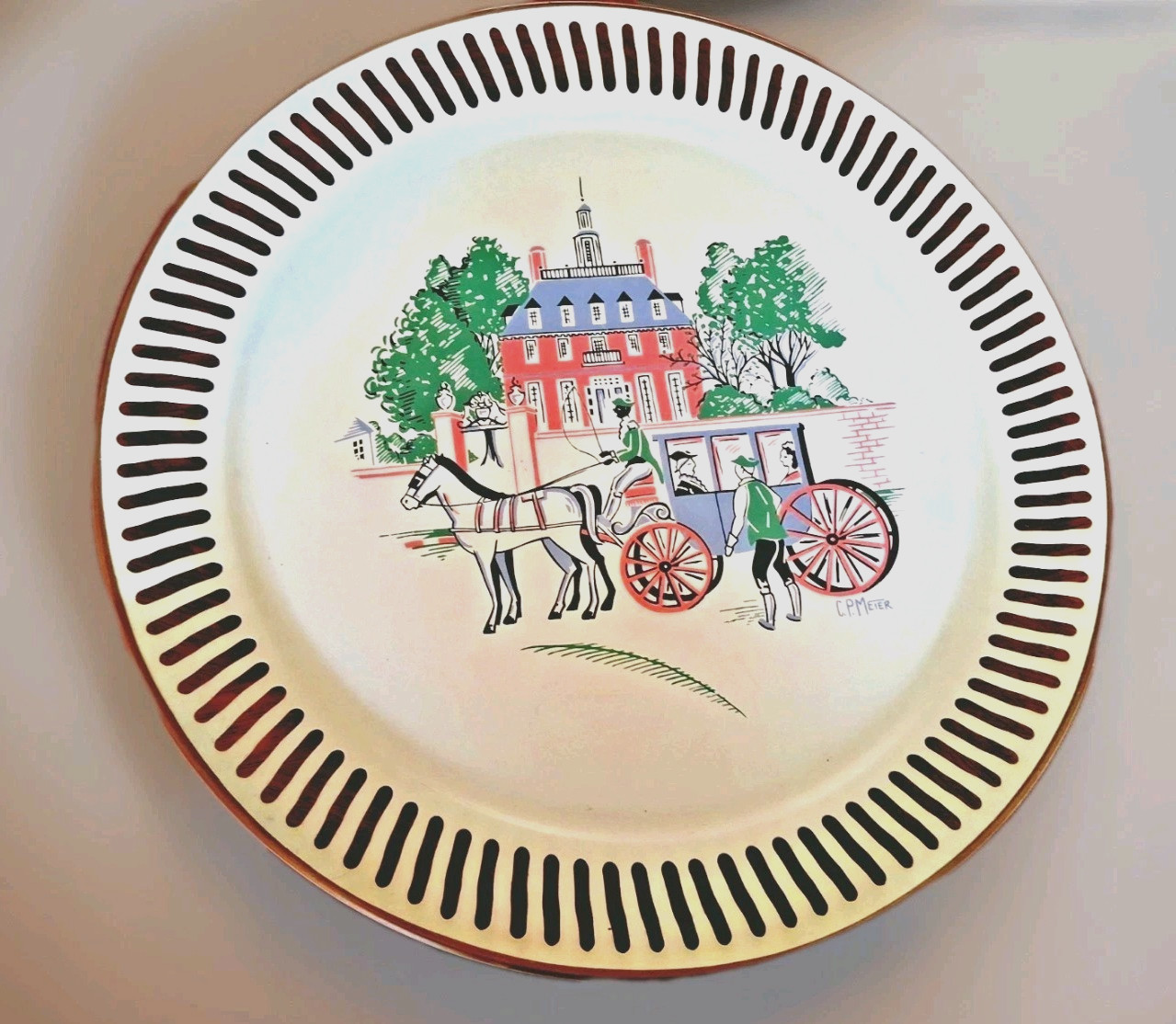 Vintage American Art Works Tole Toleware Tray Signed Cream Round Colonial, 18\