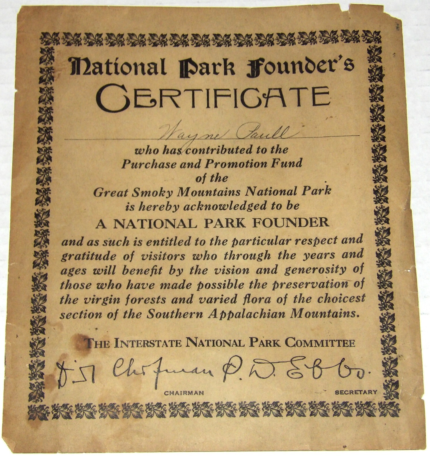Vtg 1920/30s Great Smoky Mountains Natl Park Founder's Certificate TN/NC History