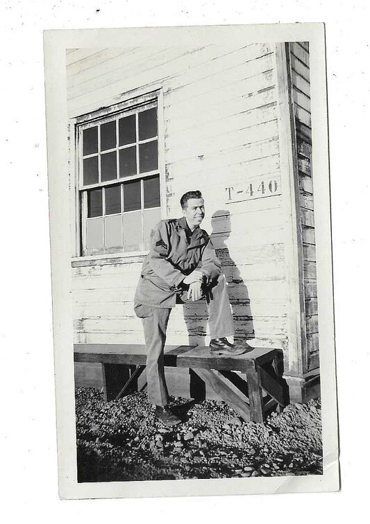 VTG B&W Found Photo Snapshot Handsome Military Man in Uniform Outside Building