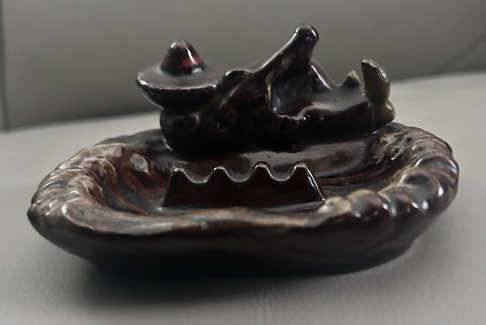 Vtg Mid Century Ceramic Siesta Man Sombrero Guitar Ashtray Brown Drip Glaze