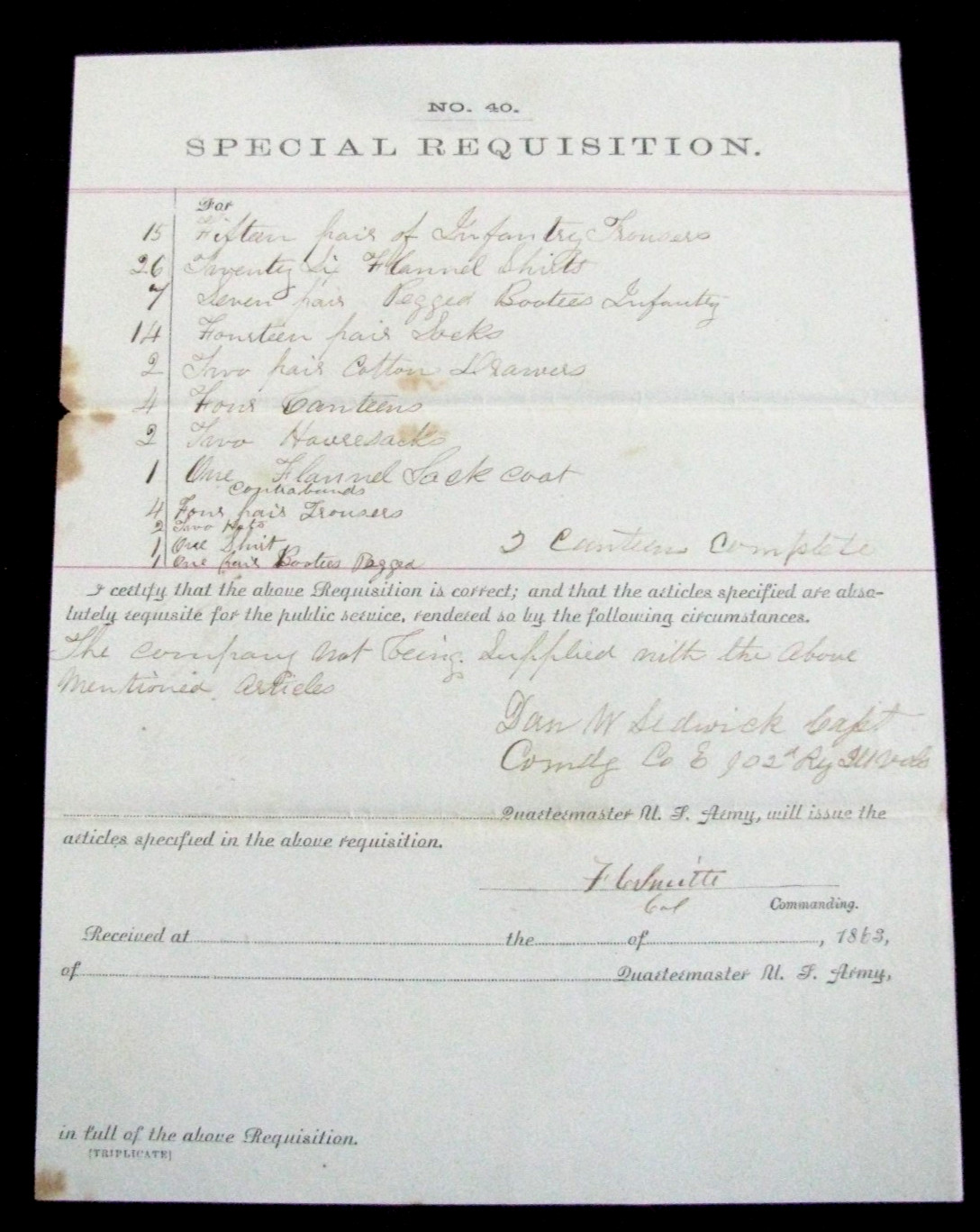 CIVIL WAR 102ND ILLINOIS SOLDIERS UNIFORMS  SGD BY COLONEL FRANK W SMITH 1863