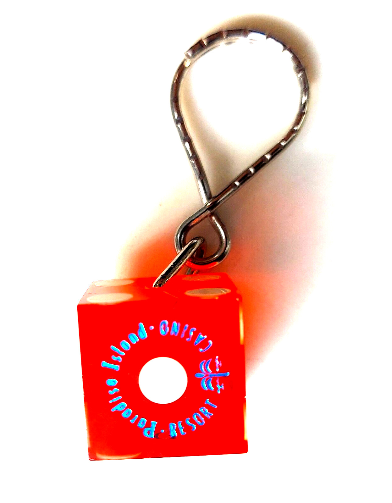 PARADISE ISLAND CASINO RESORT RED DICE KEYCHAIN SOUVENIR w/flag, VGC