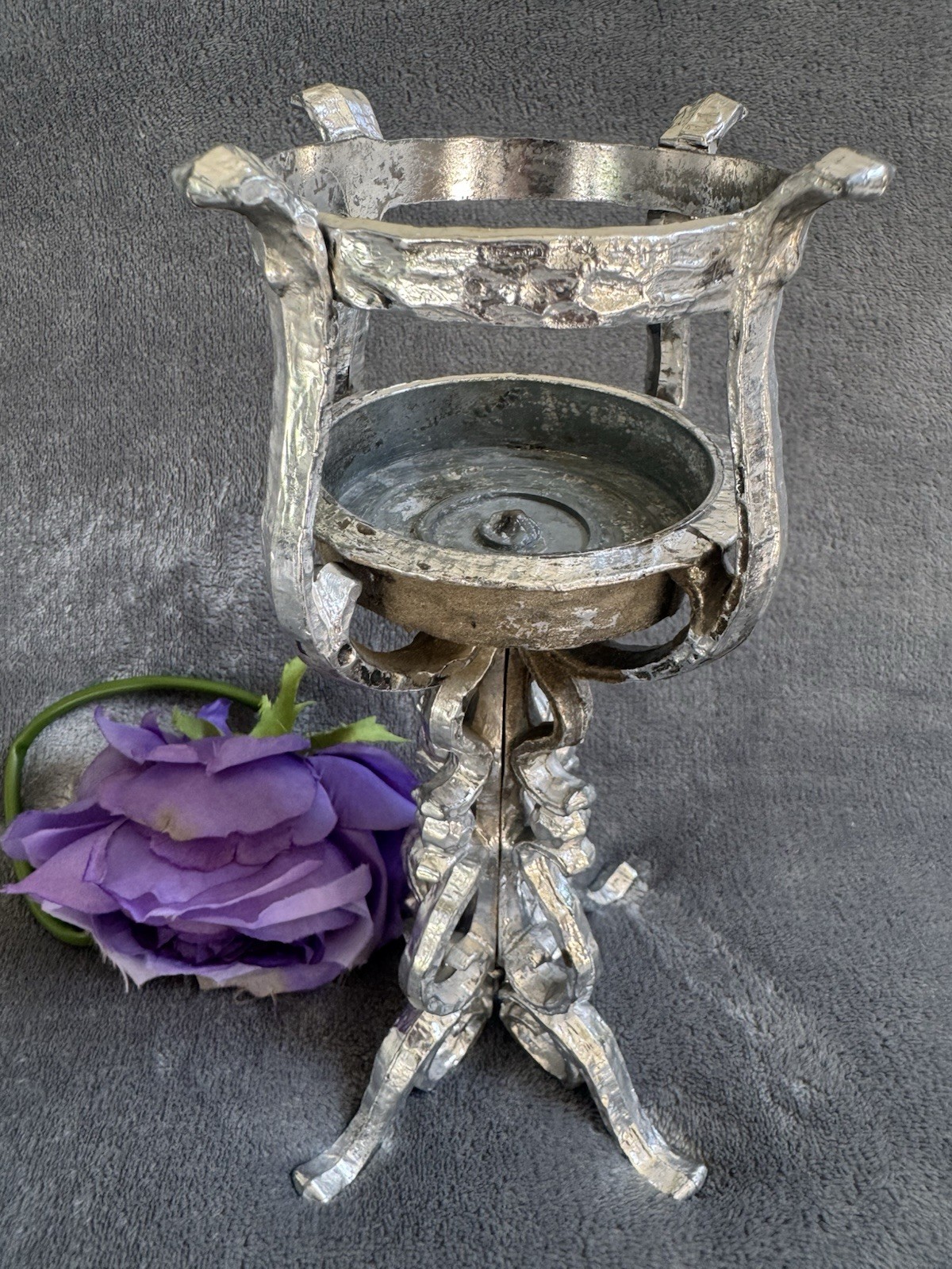 Vtg Heavy Silver Plated Cast Metal Pillar Candle Holder Stand Gothic Brutalist