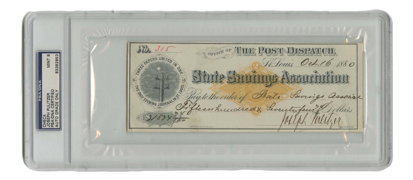 RARE 1880 Joseph Pulitzer Signed Check PSA Slabbed MINT 9 Autograph Prize COA