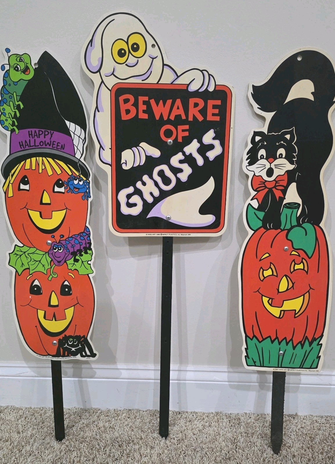 3 VTG 90s Halloween Impact Plastic Signs Yard Art Beware Of Ghost Black Cat Jack