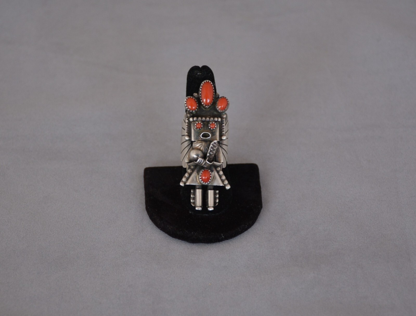 Doris Smallcanyon - Sterling Silver Kachina Yei Ring -  Coral Stones - Size 7