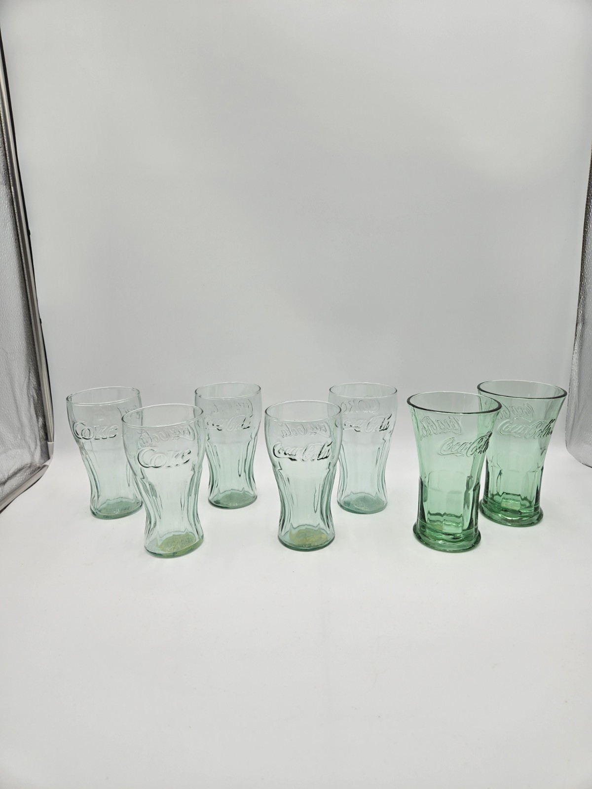 7 Vtg Coca Cola Georgia Green 16oz Glasses Lot Indiana Contour Libbey Flared A4