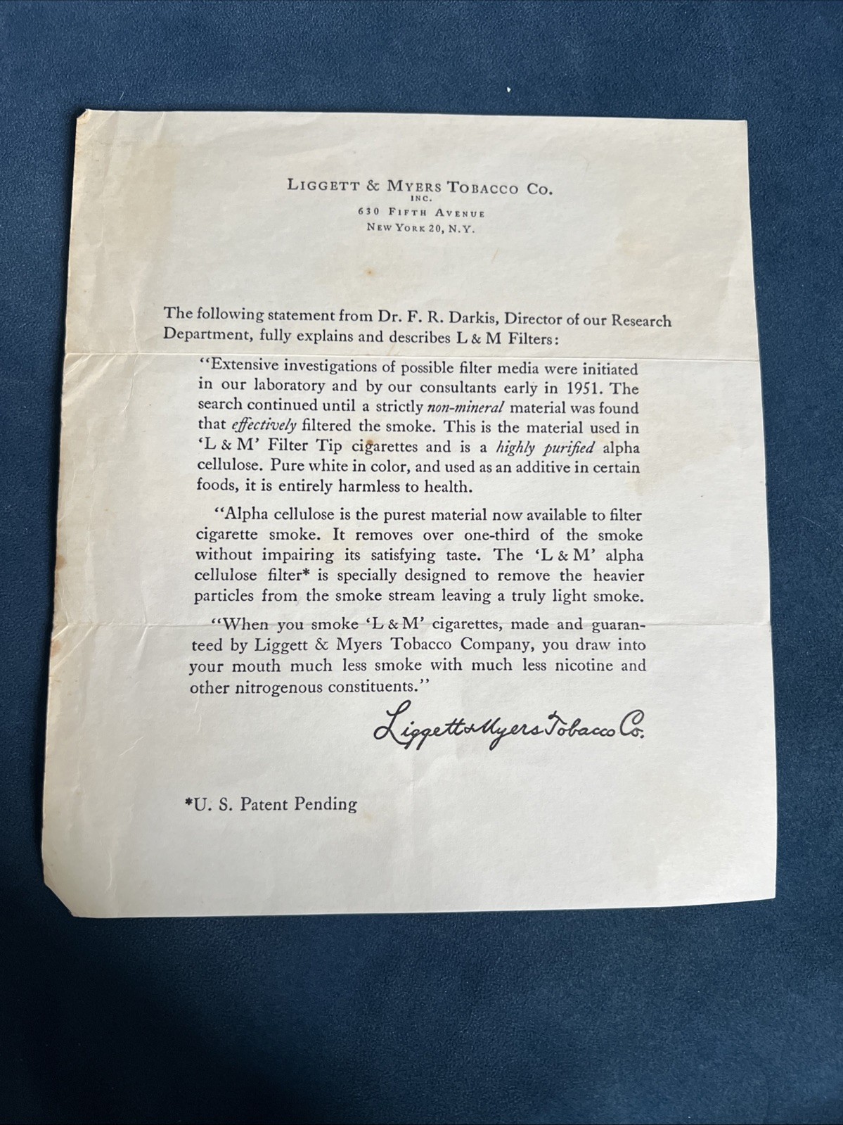 1950s L&M Cigarette Filter Ad Insert Tobacco Ephemera Liggett & Myers Dr Darkis