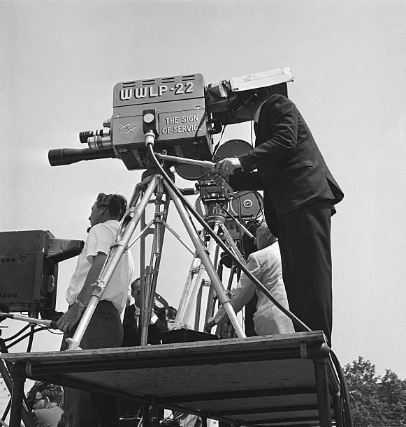 1960s Local television station camera crew outdoors platform filming Old Photo