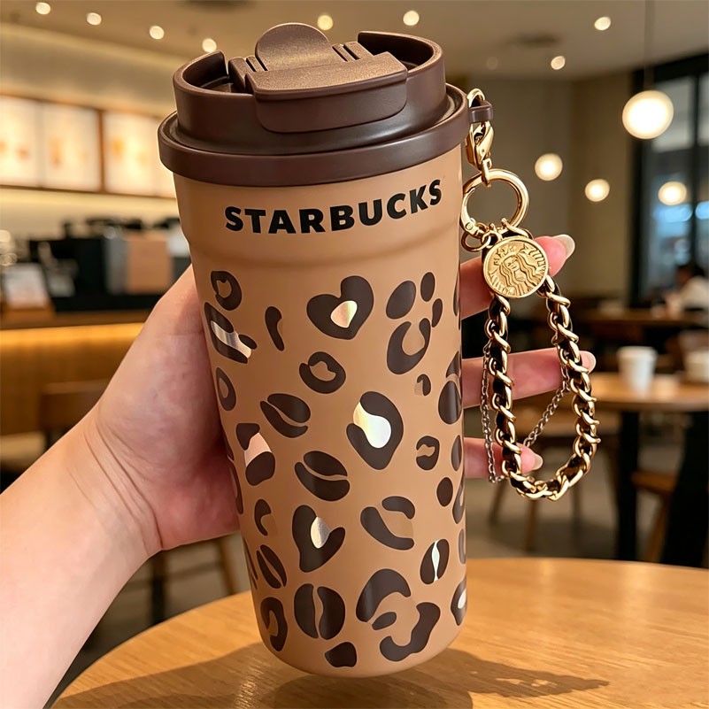 New Starbucks China 2026 Leopard Print Dual Drink 16oz SS Cup with Chain
