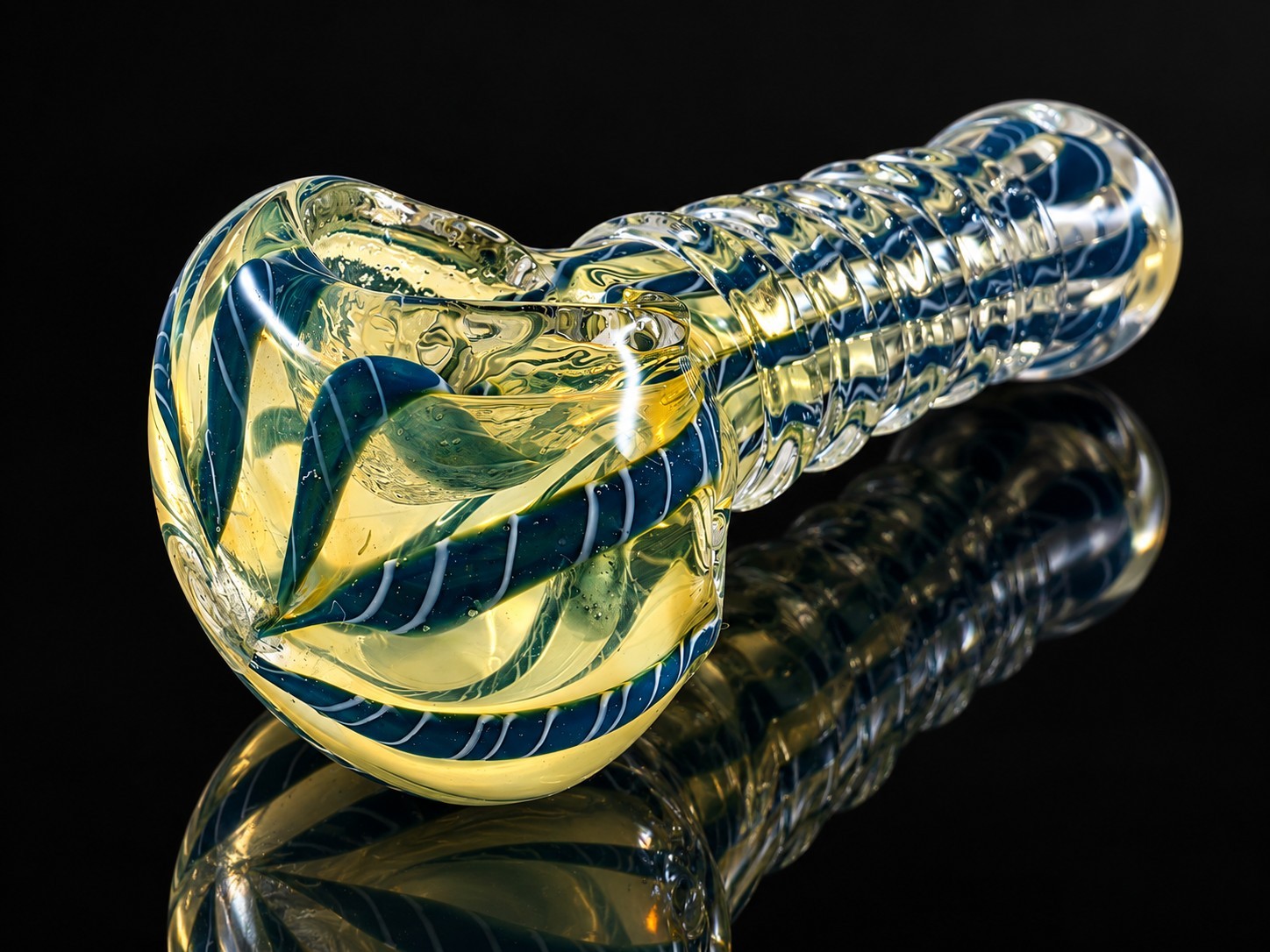 Fumed Glass Tobacco Hand Pipe Blue Swirl Ribbed Art Glass Piece