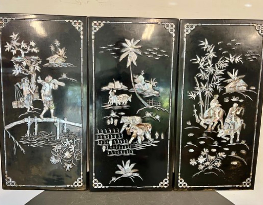 Vintage Asian Black Lacquer Mother of Pearl Inlay Wall Panels Set of 3 Farmers