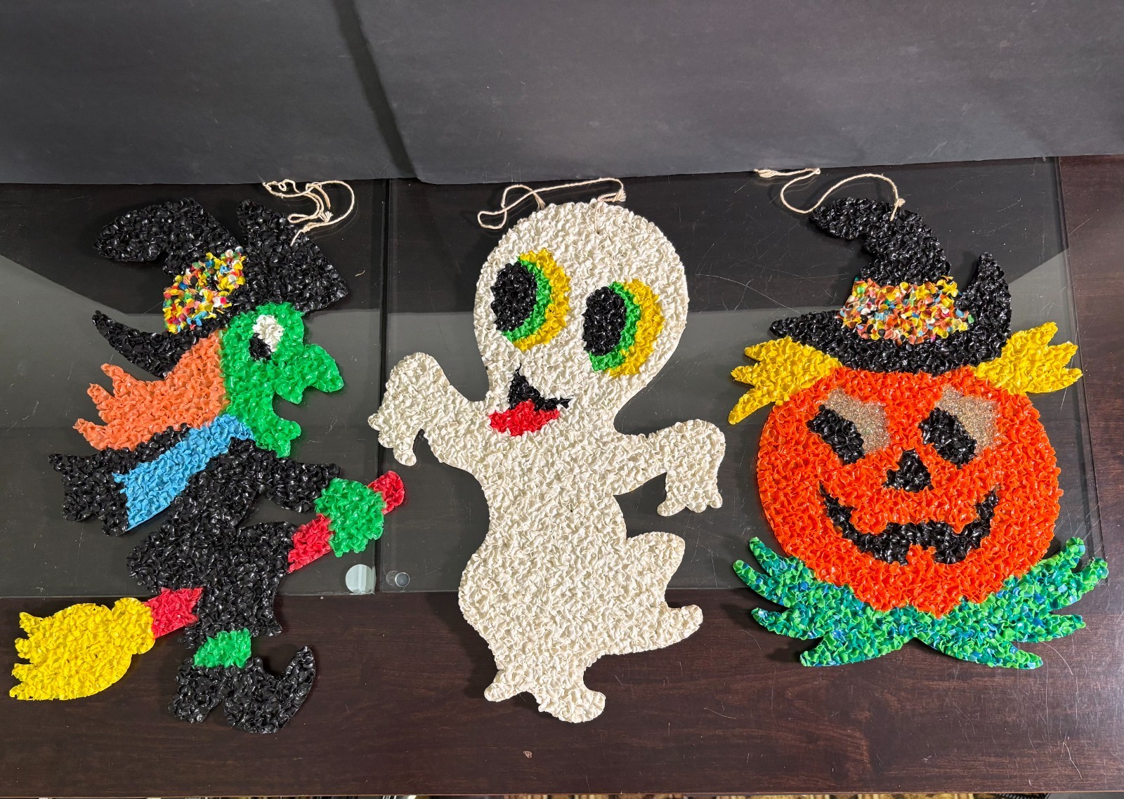 Vintage 1970s Melted Plastic Popcorn Halloween Decor Witch Ghost Pumpkin EUC