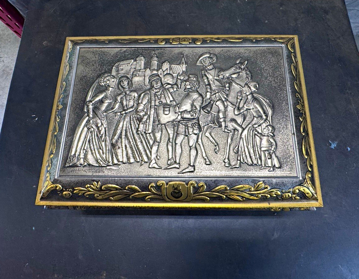 E Otto Schmidt Vintage German Metal Tin Box Gold Silver Embossed Medieval Relie