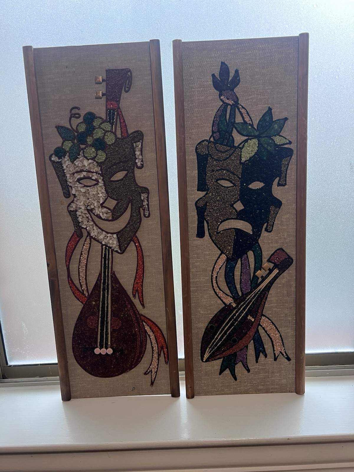 Vintage Mid Century Set of 2 Comedy & Tragedy Framed Gravel Pebble Art