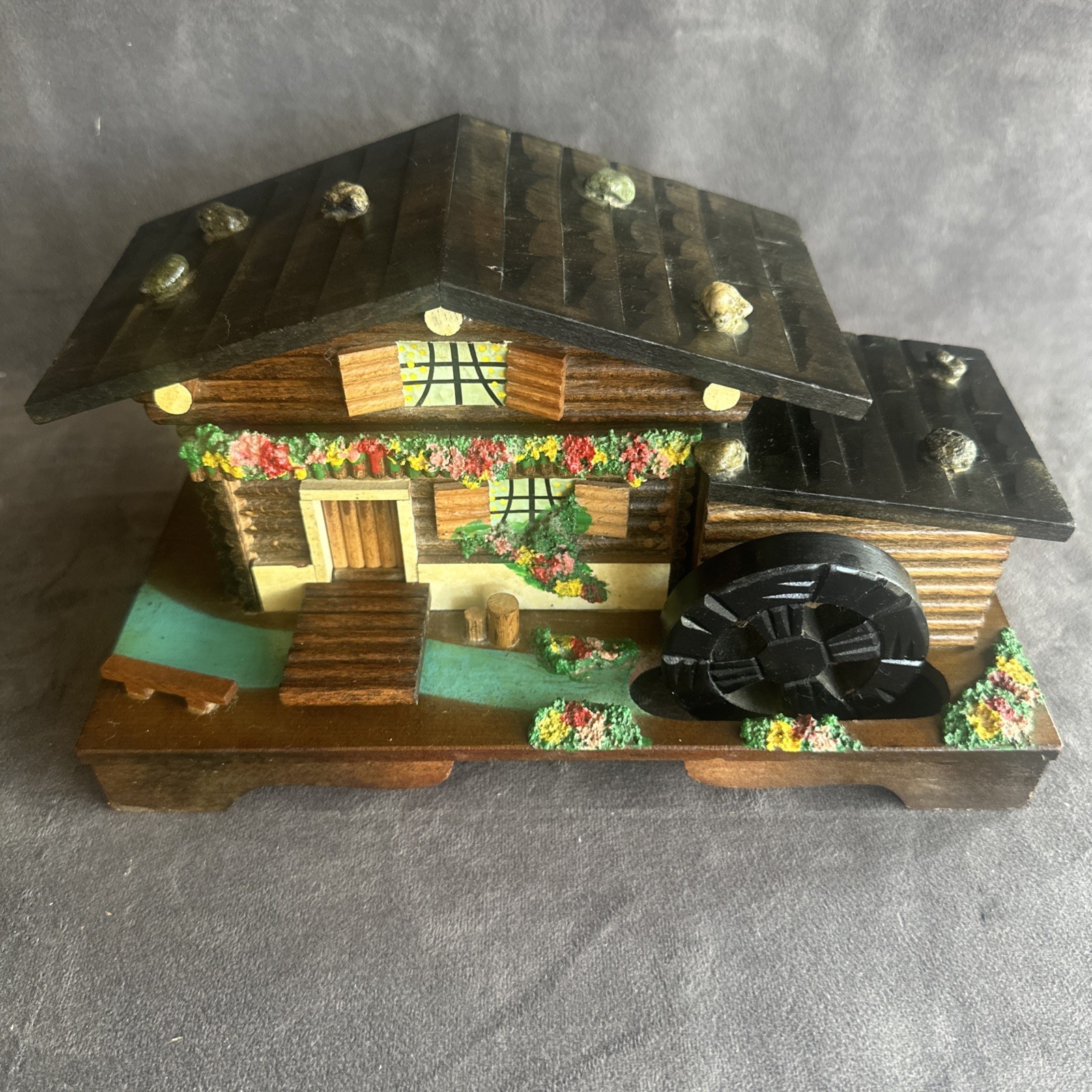 VTG Alpine Swiss Chalet Musical Jewelry Box Rotating Water Wheel / WORKING