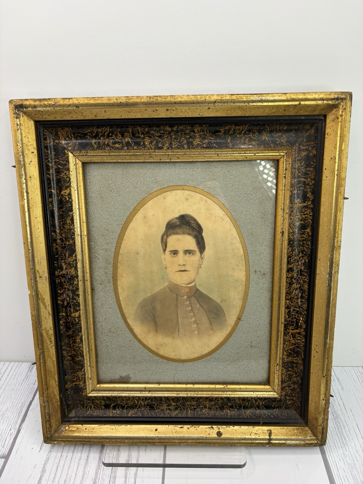 Antique Daguerreotype? Wood Framed Photo Lady Black Dress Buttons 1800’s Antique