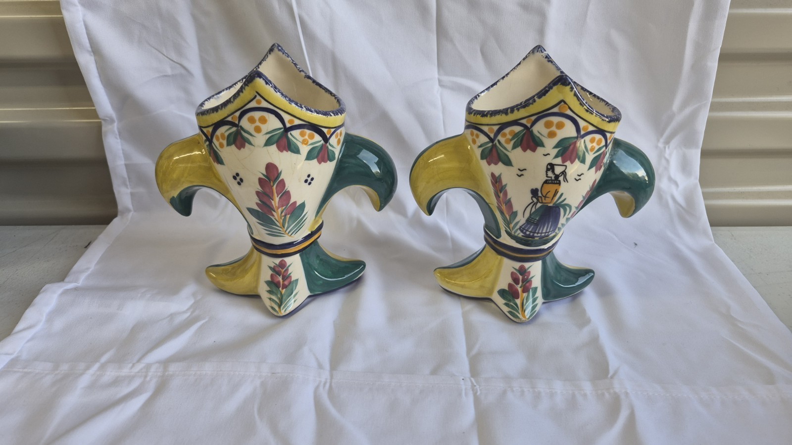 Pair of Vintage Henriot Quimper Fleur de Lis Vases Hand Painted Breton Man 6.5”