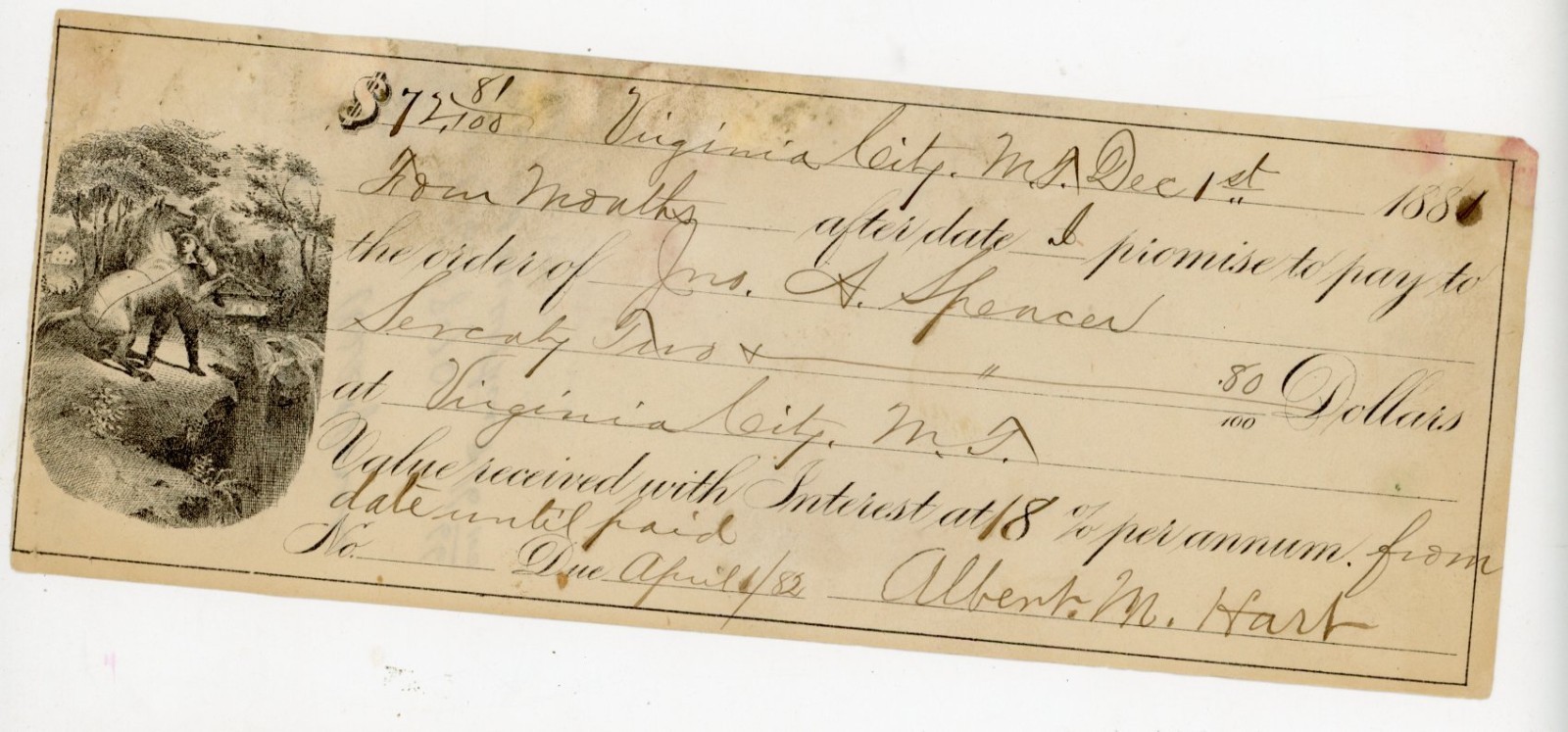 1881 Virginia City Montana Terr Promissory Note Signed Albert M Hart JP Nelson