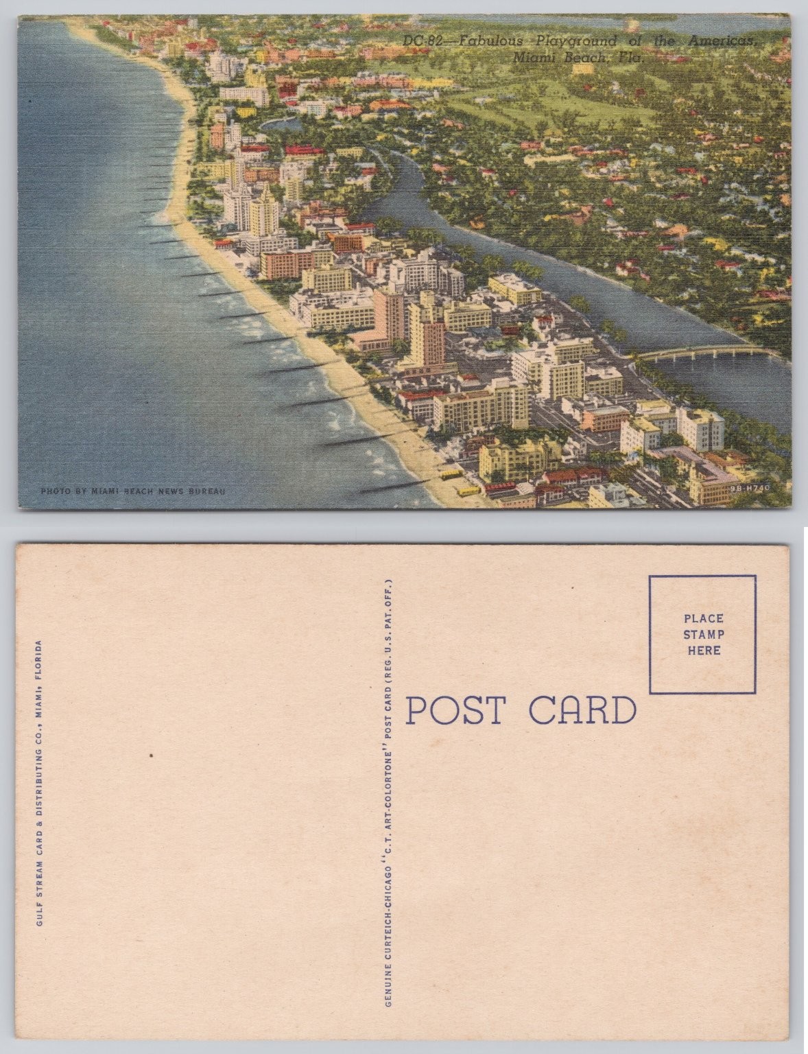 Vintage Miami Beach Florida Aerial View Linen Postcard Curteich 1939