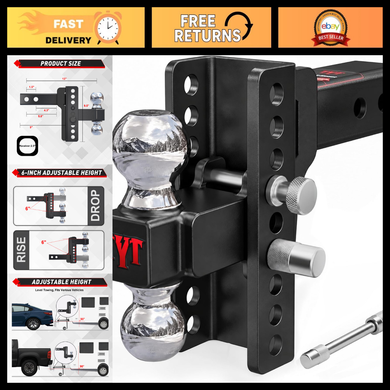 TYT Adjustable Trailer Hitch Ball Mount for 2-1/2 in Receiver