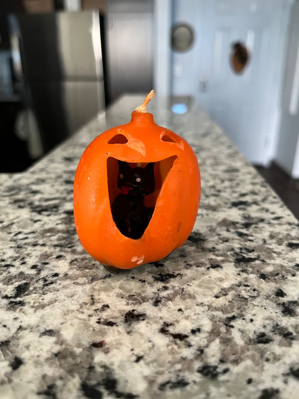 Vtg Gurley PUMPKIN With BLACK CAT Inside CANDLE 2.5\