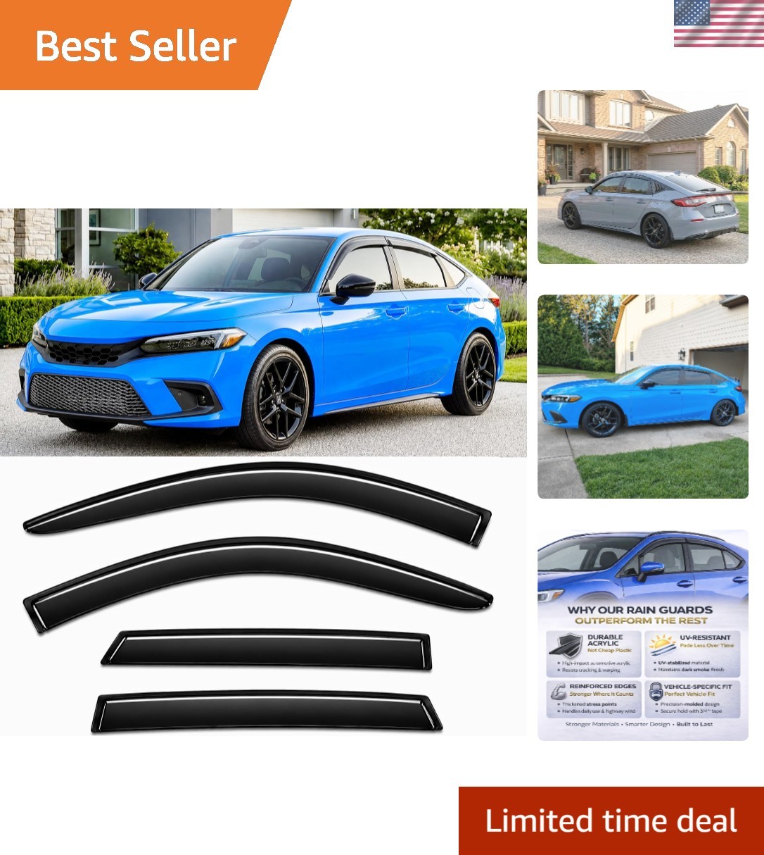 2022-2026 Tape-On Rain Guards for Honda Civic Hatchback Side Window Visor Def...