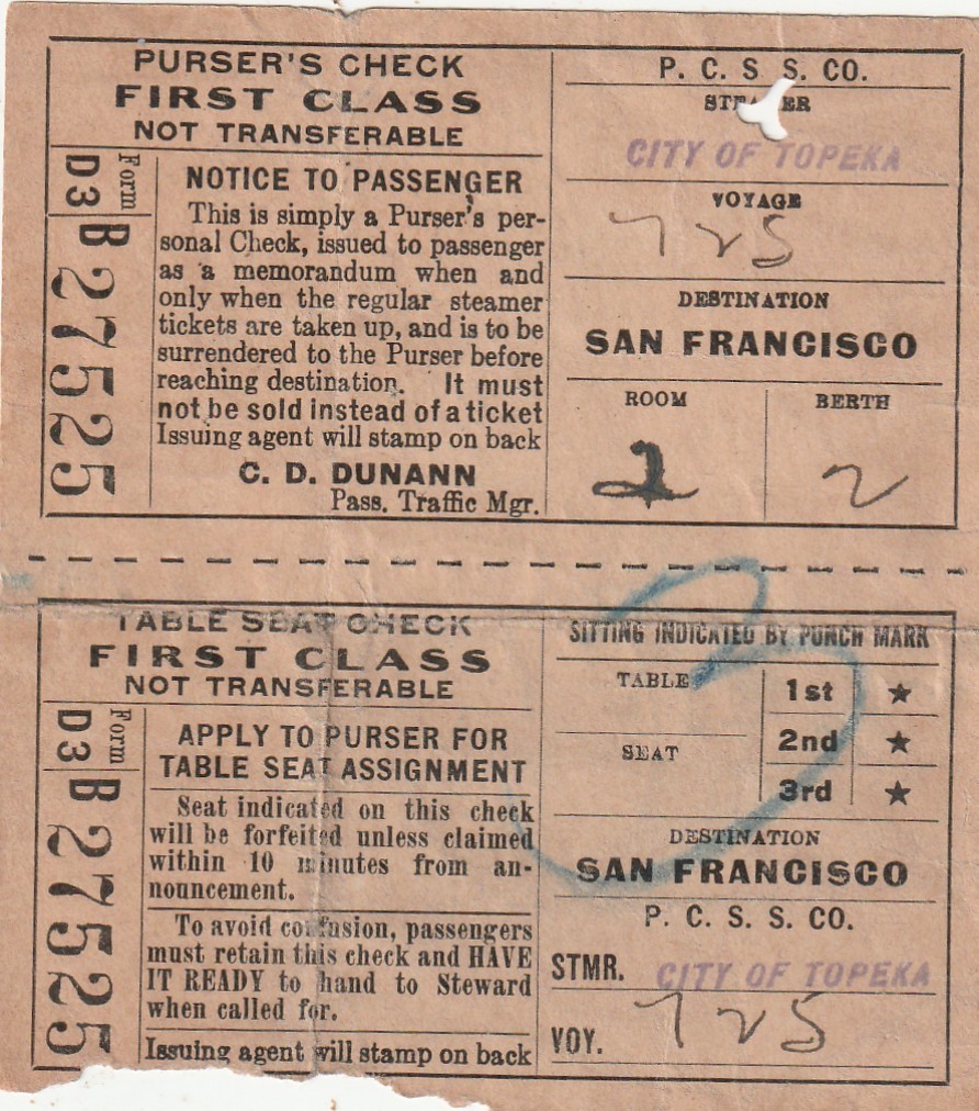Eureka CA   Pacific Coast Steamship Co.  1913 First Class - Stmr. City of Topeka