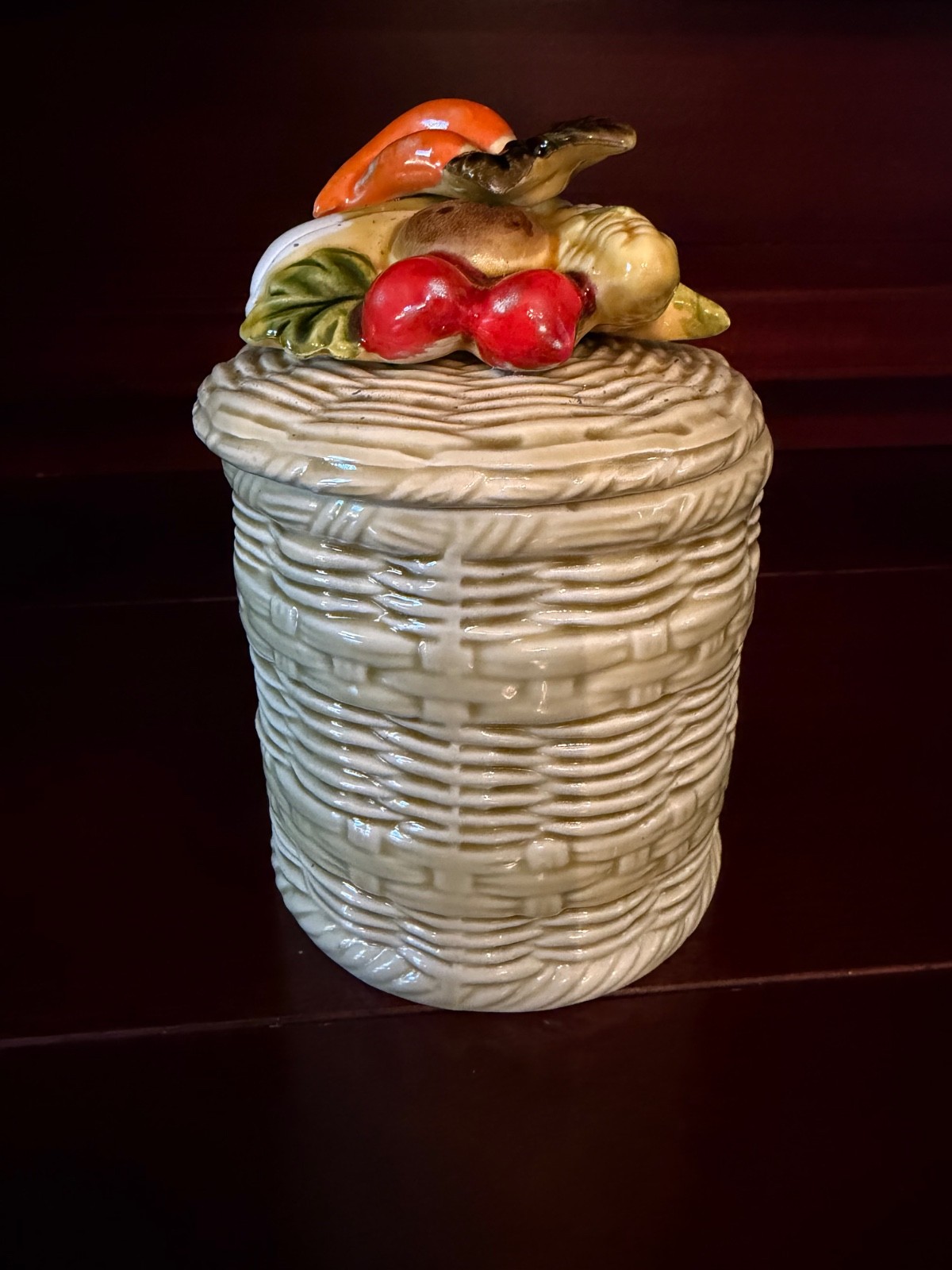 Vintage Lefton Basket Weave Canister 6.5 Inch with Vegetable Lid 7605
