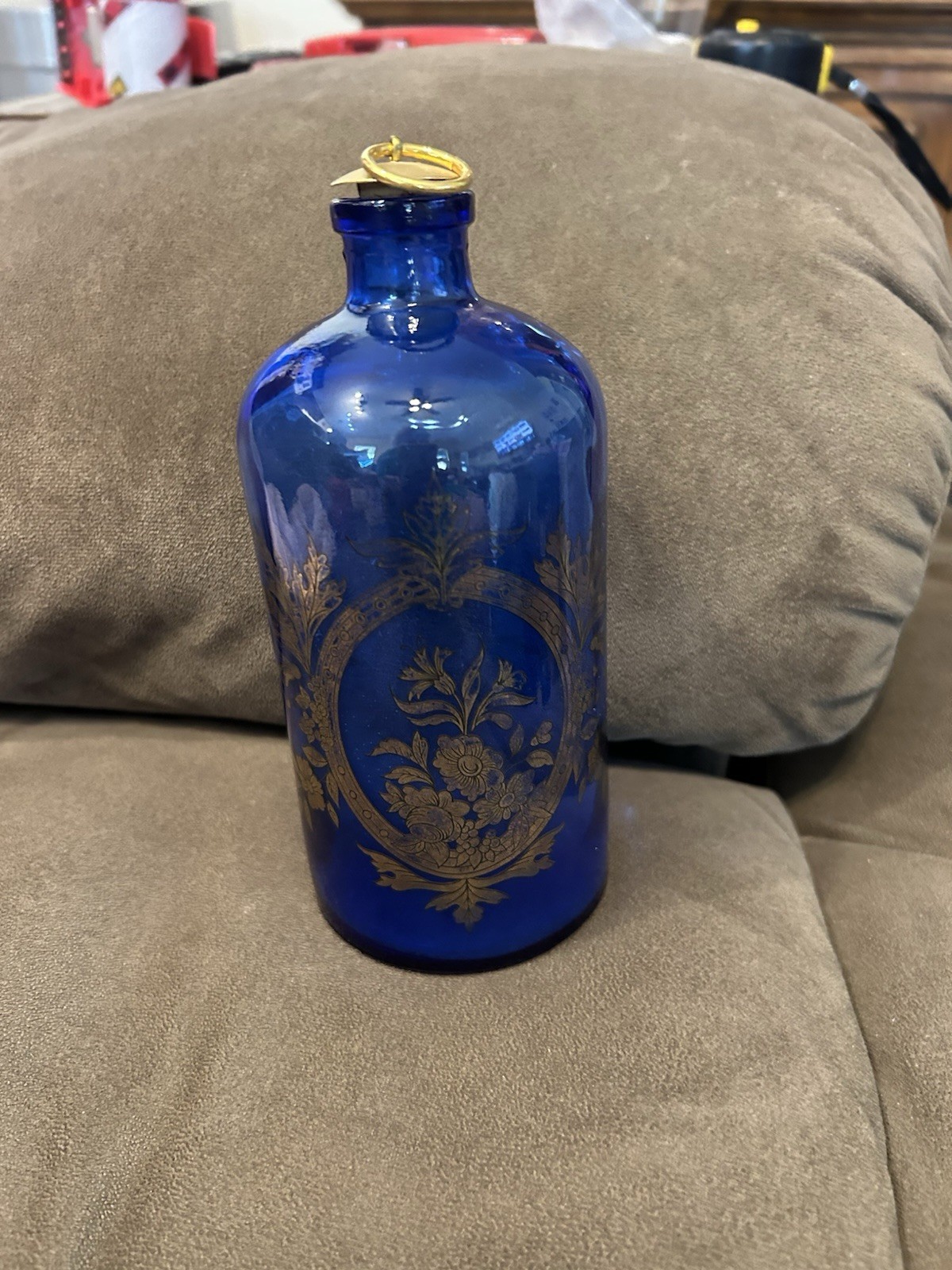 Vintage Bohemian Cobalt Blue and Gold Glass Bottle With Stopper ~7\