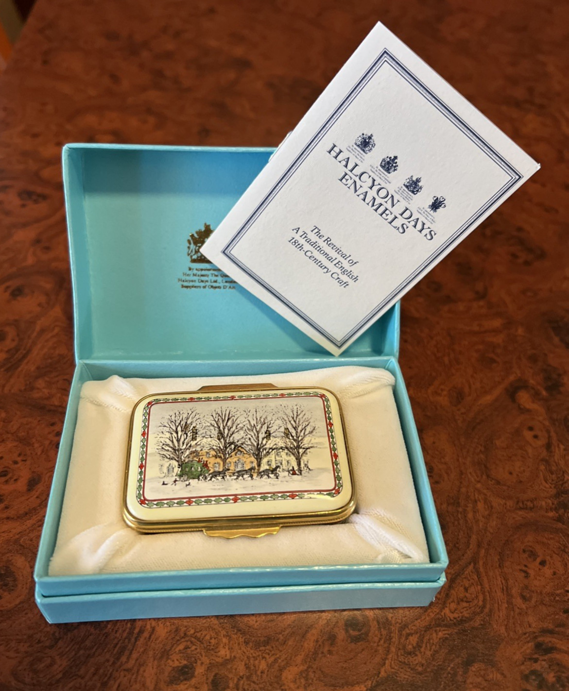 Vintage Halcyon Days Tiffany & Co Designed Enamel Box Winter Holiday Scene