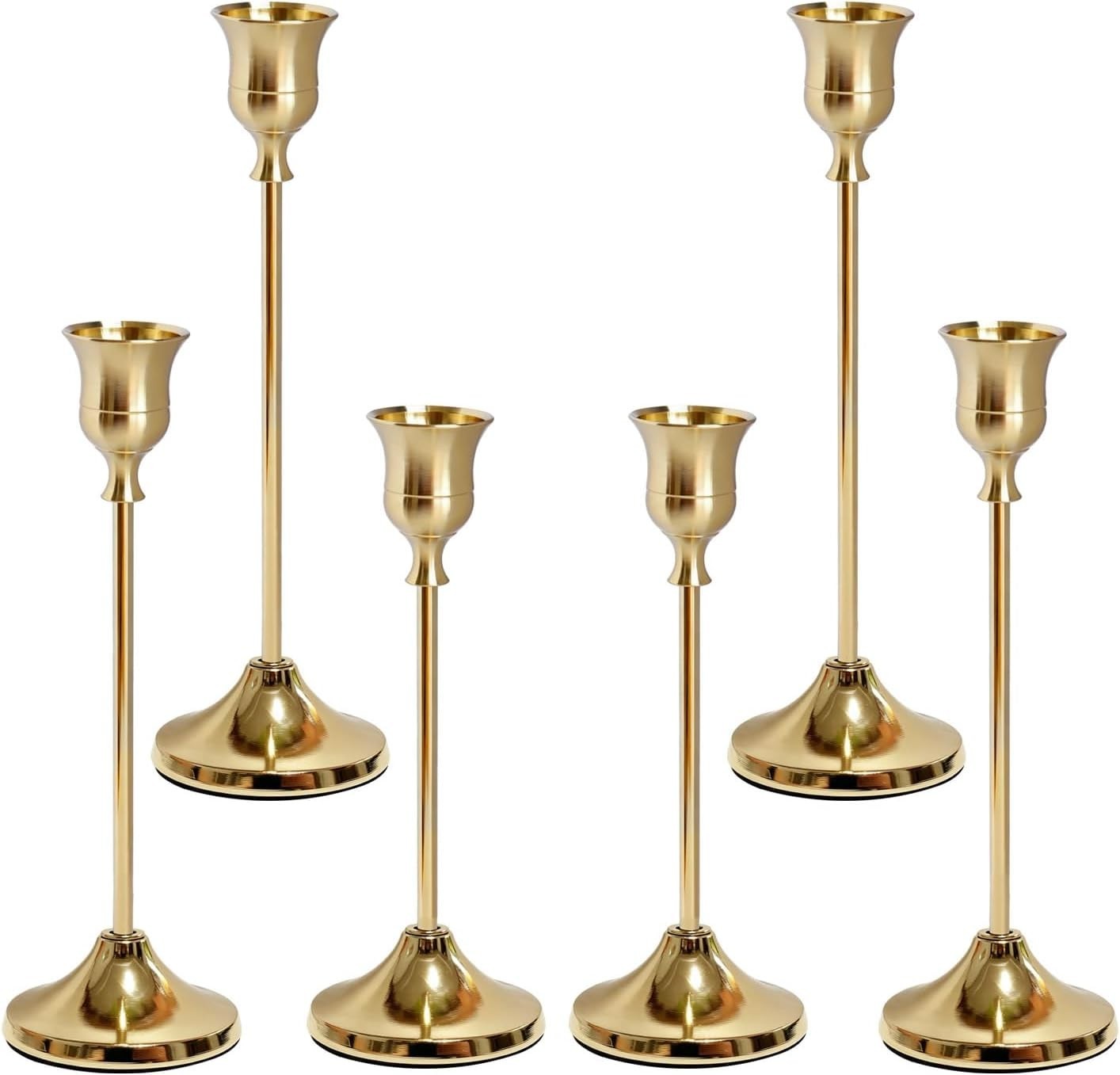 Gold Candlestick Holders Set of 6, Weighted Base 3 heights, wide weighted base, 