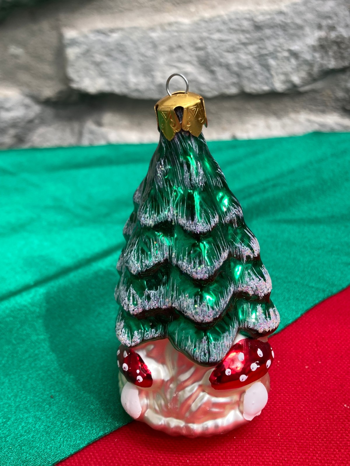 Vintage Glass Christmas Tree Mushroom Ornament Red White Toadstool Polish German