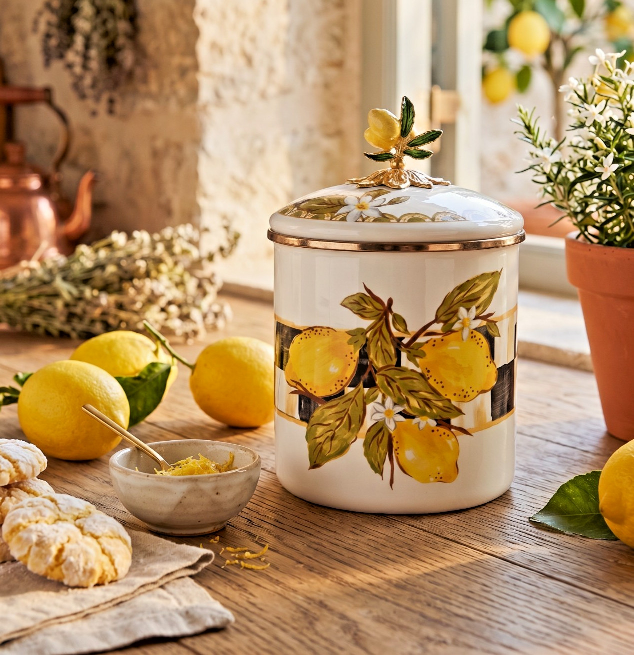 Lemon Checkerboard Enamel Canister Vintage Style Kitchen Storage Jar Lidded 12cm