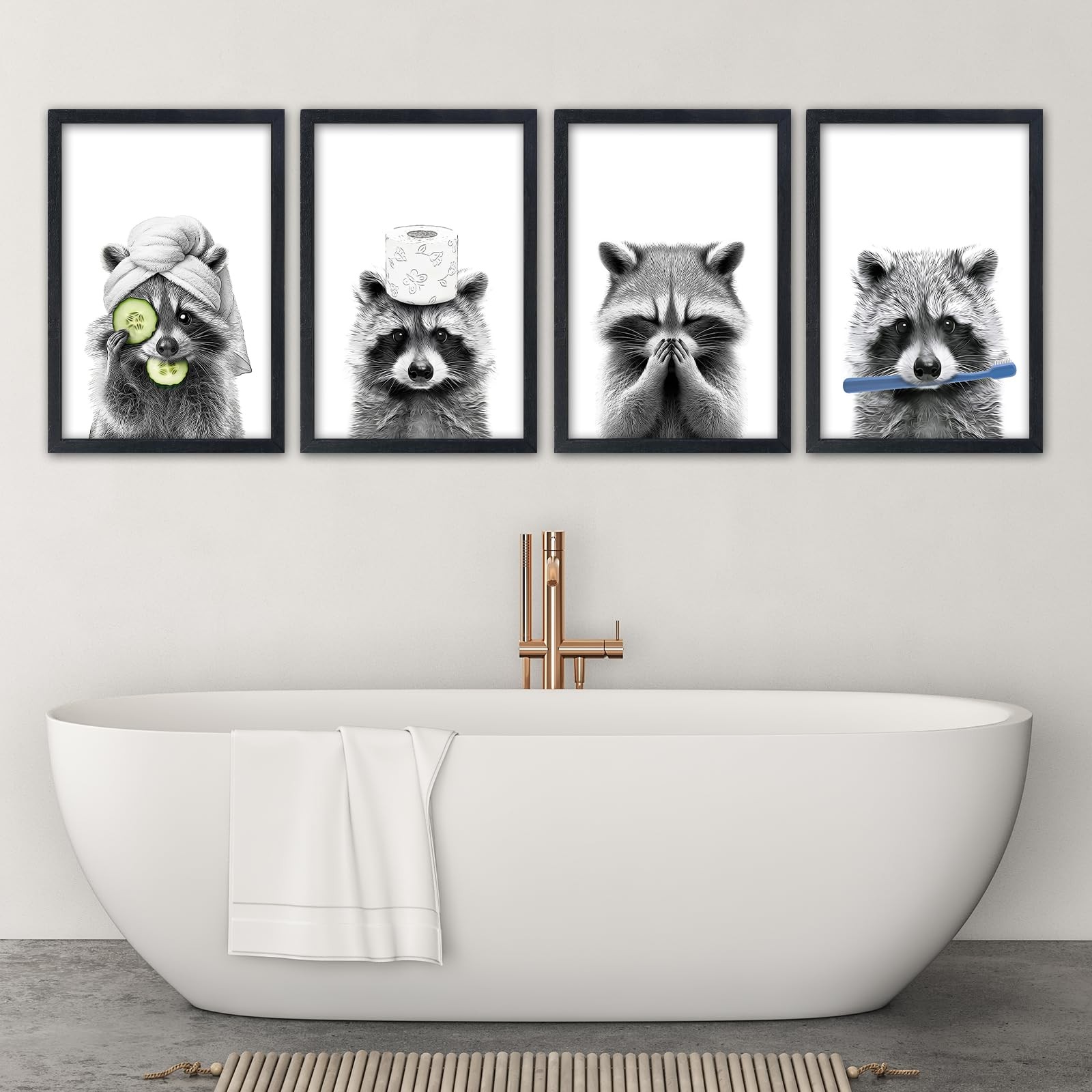 SRSZHIYUE Funny Raccoon Bathroom Wall Decor 16x11 Set of 4 Bathroom Laundry Room