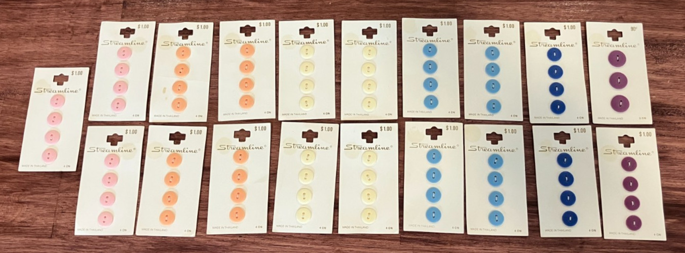 75 Vintage Streamline Plastic Buttons 2 Hole Pastel PINK BLUE PURPLE 19 Card Lot