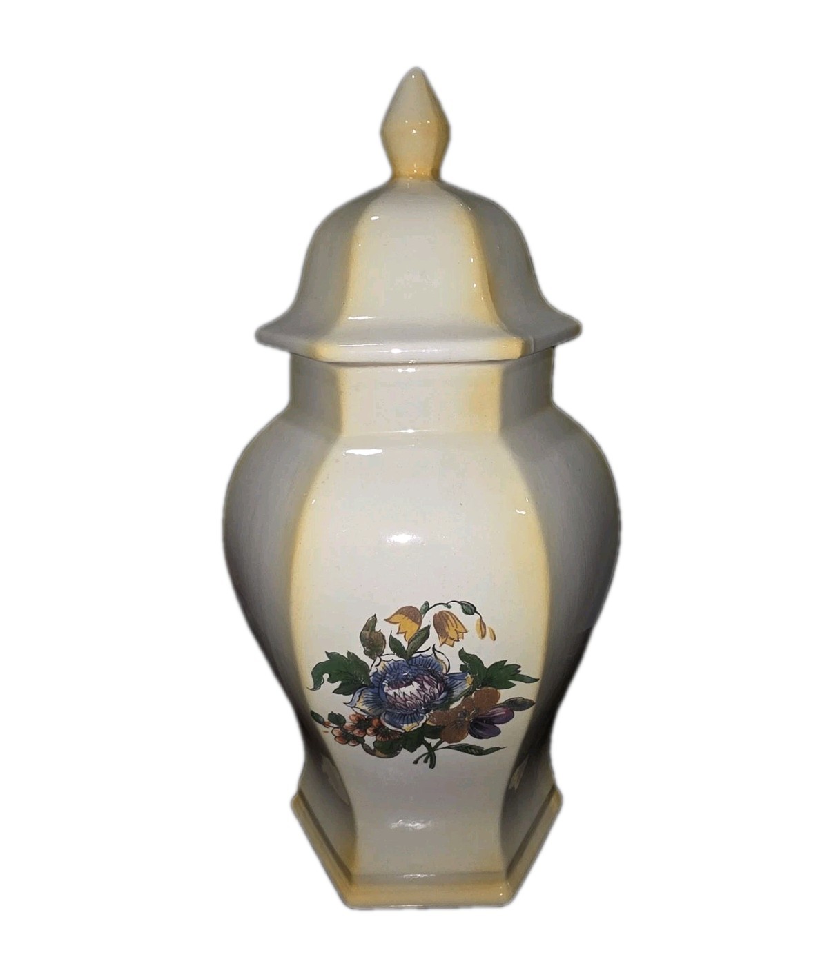 🌼 Vintage Hexagonal Ginger Jar w/ Lid 11” Floral Yellow Glaze Classic Decor