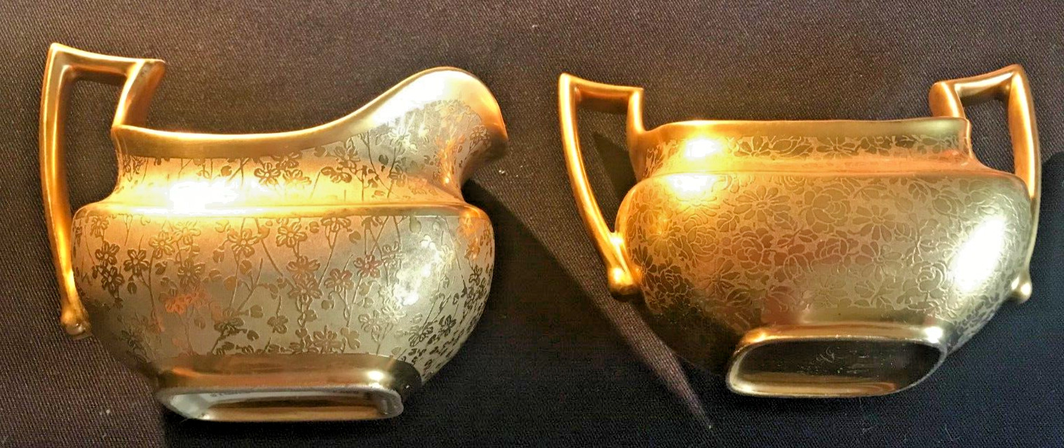 ELEGANT Vintage 1930s  Art Deco Embossed Gold Sugar and Creamer SIGNED OSBORNE