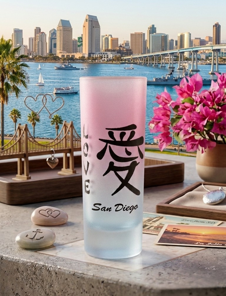 Love San Diego Frosted Shot Glass Pink Teal Gradient Kanji Character Kanji Ai