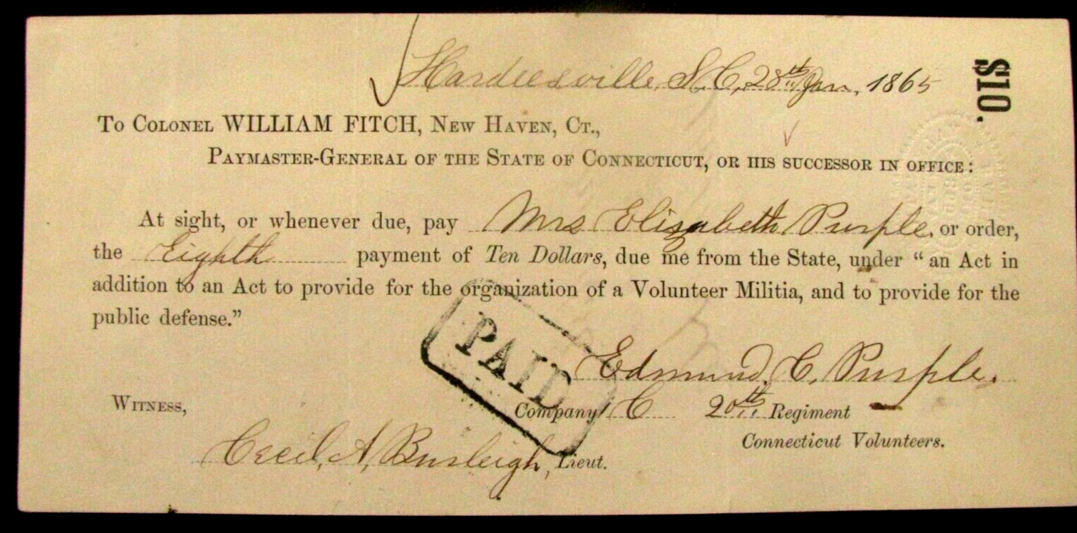 CIVIL WAR HARDEEVILLE SOUTH CAROLINA 20TH CONNECTICUT PAY VOUCHER 1865