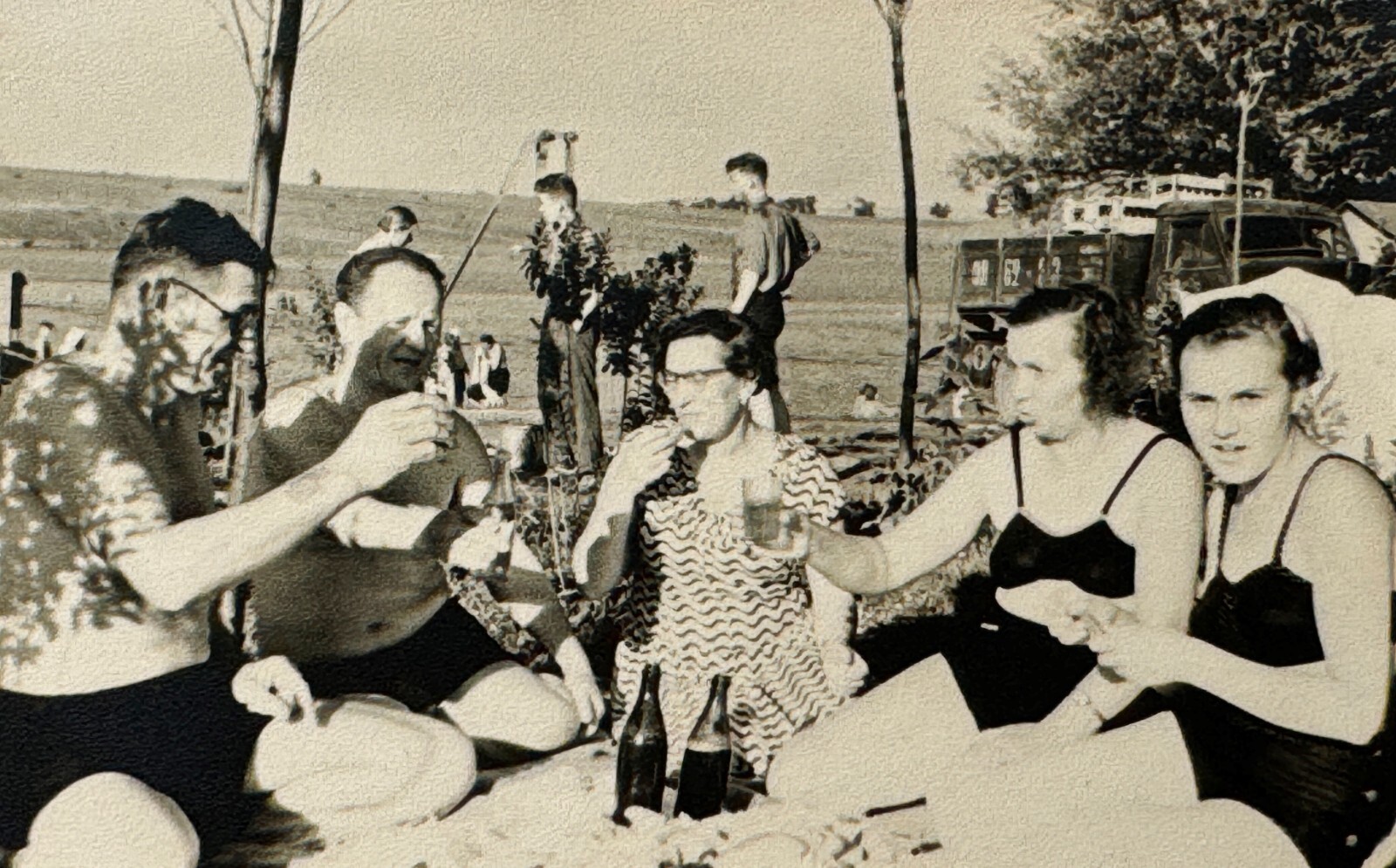 Bikini Women Shirtless Man Picnic Beach 1950s Soviet USSR Vtg Snapshot Photo